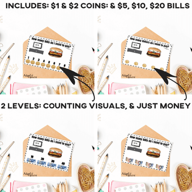 Task Cards: How Many Bills Do I Pay With? Fast Food: Canadian Currency (Printable PDF) Money Awareness - AdaptEd4SpecialEd